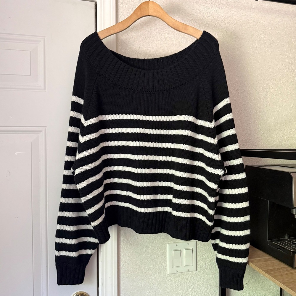 CARBON38 navy white striped cotton wool boat oversized boxy cropped sweater